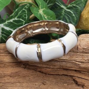 Gold Enamel Cream Bamboo Hinged Bangle Bracelet